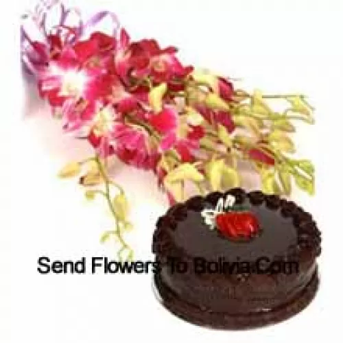Bouquet d'orchidées roses avec des garnitures saisonnières accompagné d'un gâteau aux truffes au chocolat de 1 livre (1/2 kg)