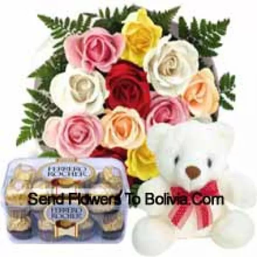 Bouquet de 11 roses rouges avec des remplissages saisonniers, un mignon ours en peluche blanc de 12 pouces de hauteur et une boîte de 16 pièces de Ferrero Rochers