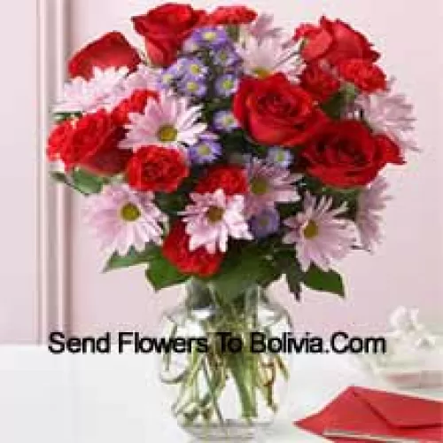 Red Roses, Red Carnations And Pink Gerberas With Seasonal Fillers In A Glass Vase -- 25 Stems And Fillers