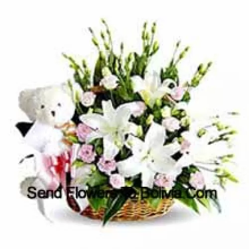 Basket Of Lilies And Carnations Accompanied With A Cute White Teddy Bear