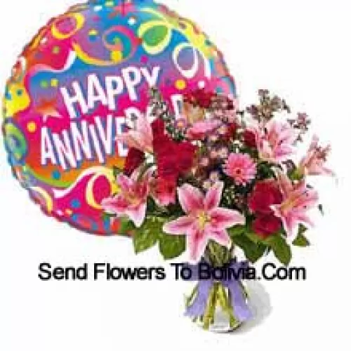 Assorted Flowers In A Vase Along With Anniversary Balloon
