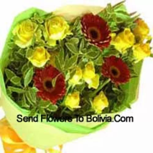 Bunch Of 10 Yellow Roses And 3 Red Colored Gerberas