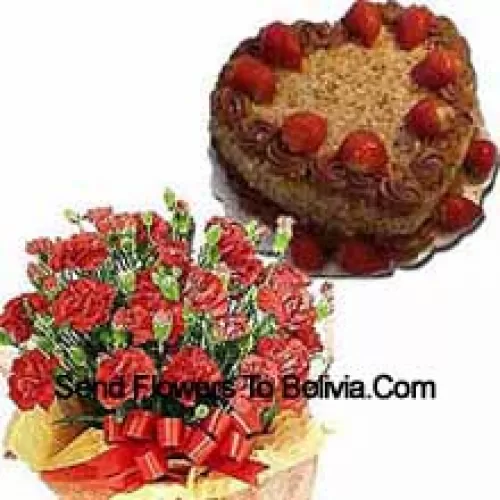 Bunch Of 25 Carnations Wtith Seasonal Fillers And A 1 Kg (2.2 Lbs) Heart Shaped Butter Scotch Cake