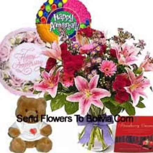Assorted Flowers In A Vase, A Cute Teddy Bear, A Box Of Chocolate And 2 Anniversary Balloons