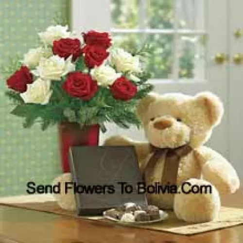 7 Red And 6 White Roses With Some Ferns In A Vase, A Cute Light Brown 10 Inches Teddy Bear And A Box Of Chocolates