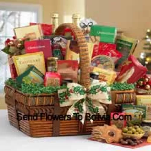 Send your best wishes with this impressive gift basket that's all decked out for the holidays. With the artful details of the handsomely crafted basket and the world of fancy flavors nestled inside, it festively captures the spirit of the season. The small includes a bountiful assortment with Tomato Basil Pretzels, Gingerbread Cake, Zesty Cheddar Thins, Spanish Olives, Pecan Pralines, Gouda Cheese Biscuits, Cinnamon Star Cookies, Belgian Chocolate Petites, California Smoked Almonds, Rothschild Triple Berry Preserves, Chocolate Chip Cookies, Ashby Assam Tea, Savory Snack Mix, Fruit Bonbons, Holiday Blend Coffee, and Godiva Milk Chocolate Strawberries. (Please Note That We Reserve The Right To Substitute Any Product With A Suitable Product Of Equal Value In Case Of Non-Availability Of A Certain Product)